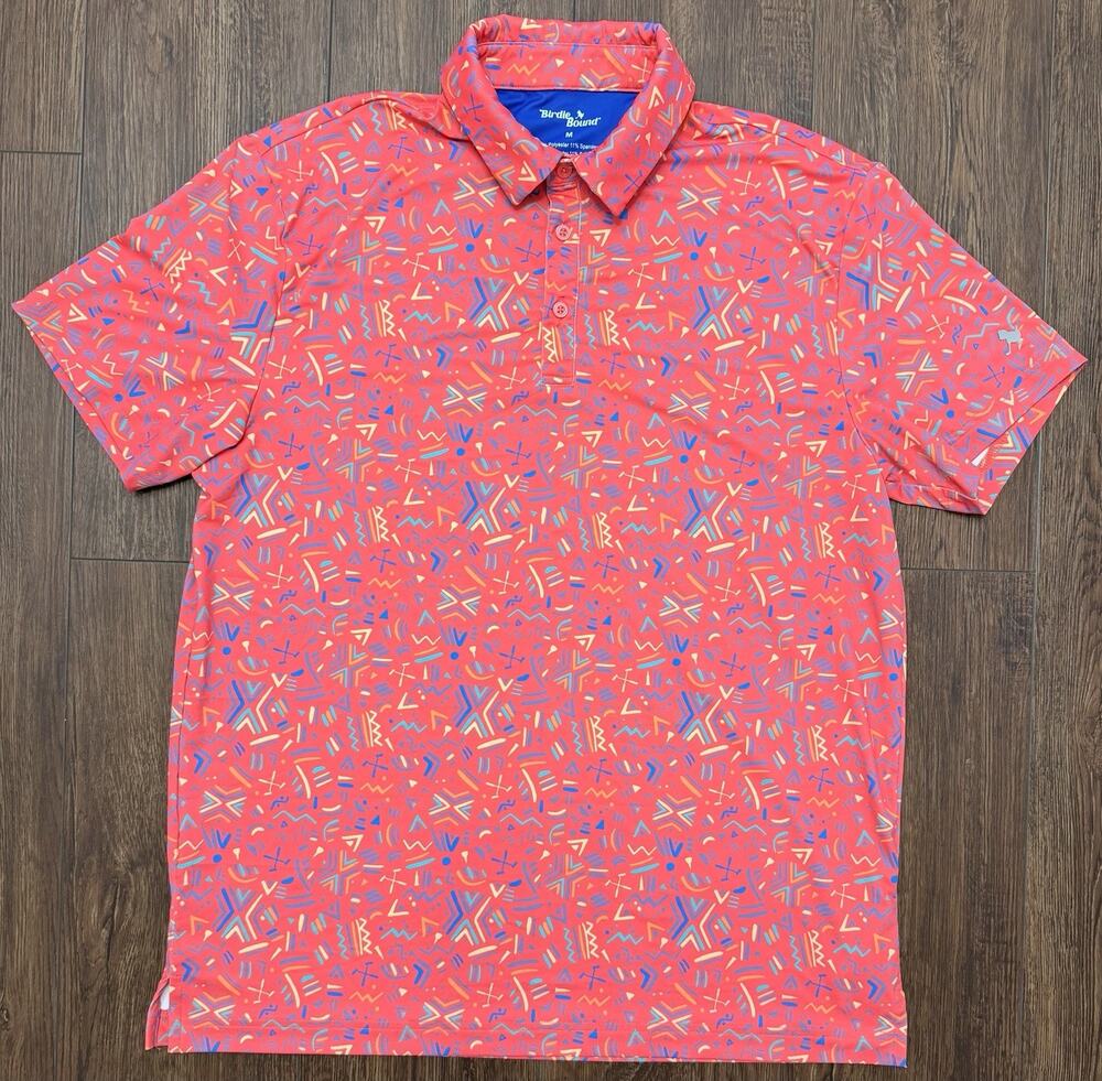 Birdie Bound Golf Polo Shirt Mens Sz Medium Coral Multicolor Performance Stretch